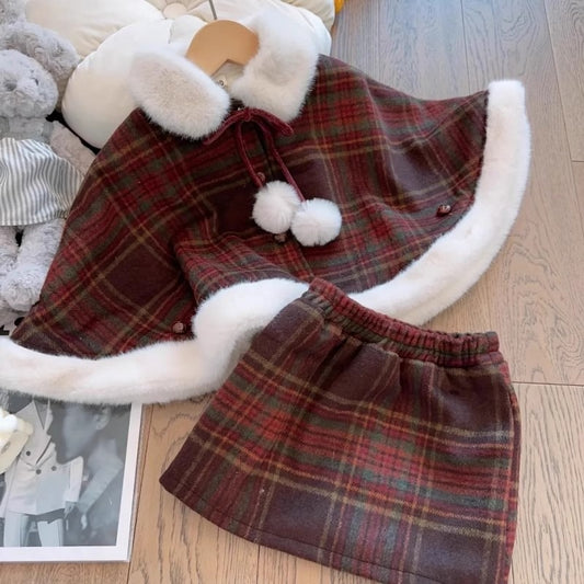 Gerain2024 Girls Christmas Red Plaid Woolen Cape Short Jacket Winter New Style Jacket Half Skirt Two-piece Set Trendy