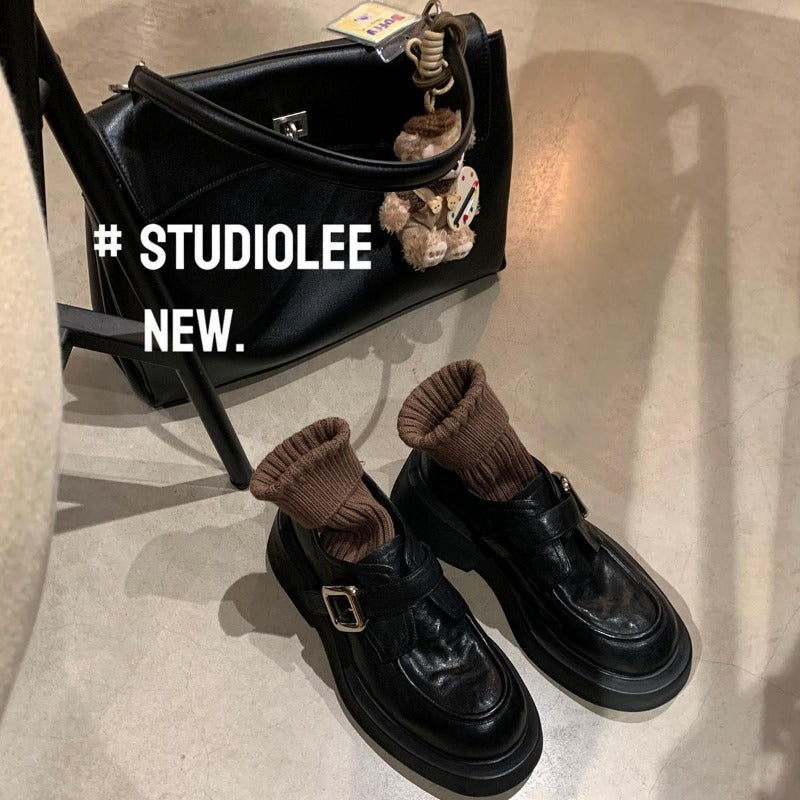 GerainWashed Horse Leather Round Toe British Style Slip-on Thick Heel Buckle Loafers Small Leather Shoes for Women