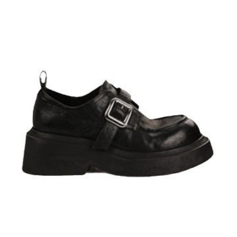 GerainWashed Horse Leather Round Toe British Style Slip-on Thick Heel Buckle Loafers Small Leather Shoes for Women
