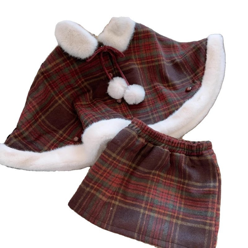 Gerain2024 Girls Christmas Red Plaid Woolen Cape Short Jacket Winter New Style Jacket Half Skirt Two-piece Set Trendy