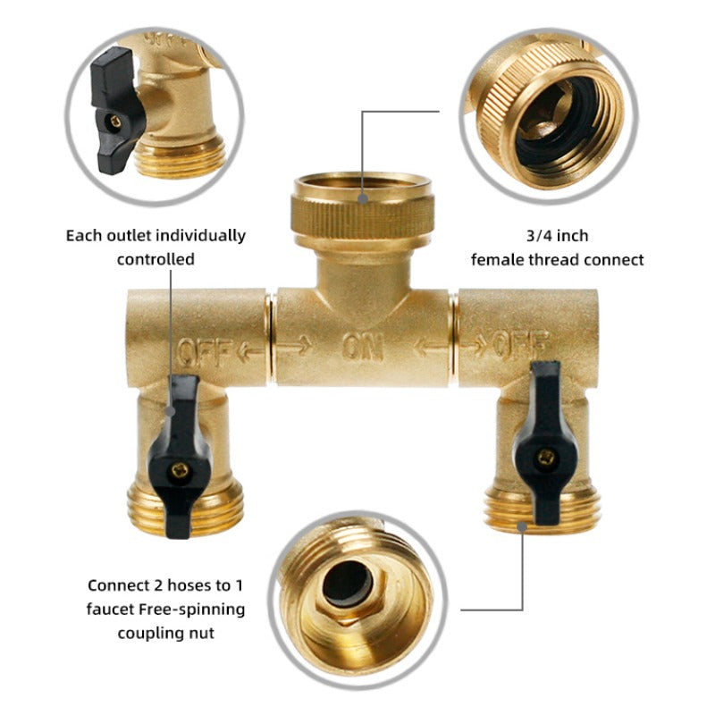 GeRain Fully Rotatable Heavy Duty Solid Brass 2 Way Splitter Shut Off Connector Pipe for Irrigation