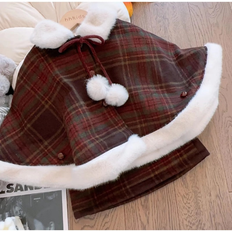 Gerain2024 Girls Christmas Red Plaid Woolen Cape Short Jacket Winter New Style Jacket Half Skirt Two-piece Set Trendy