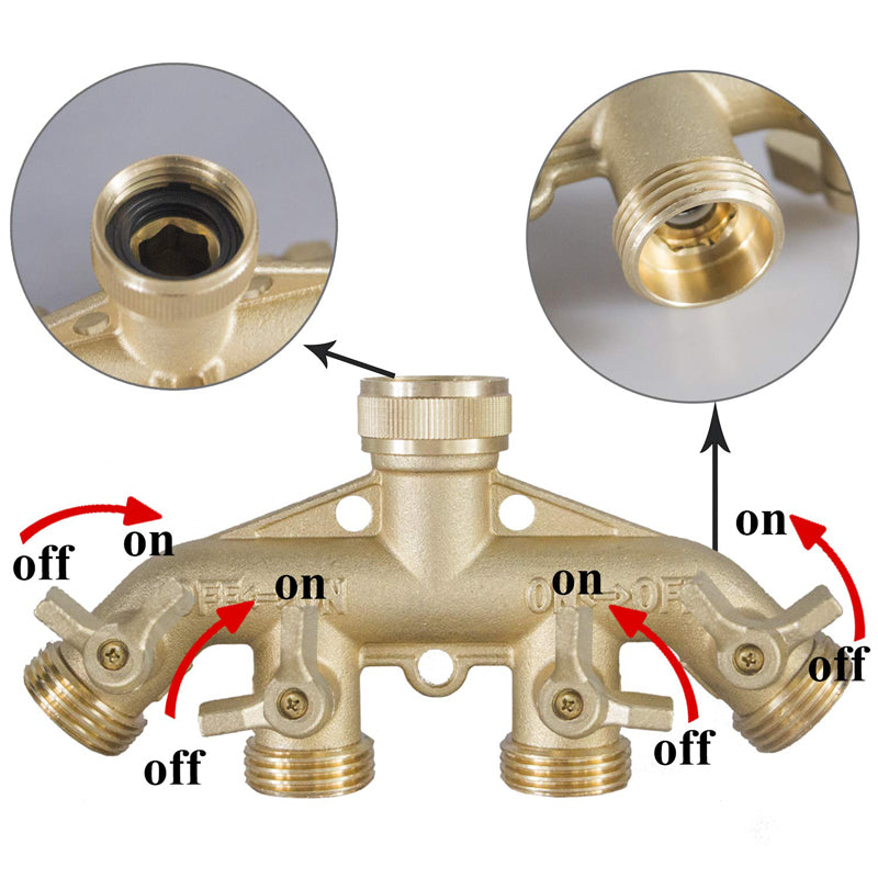 GerainSolid Brass Garden Hose Dispenser (4 Way) Hose Bib Adapter 4 Valves